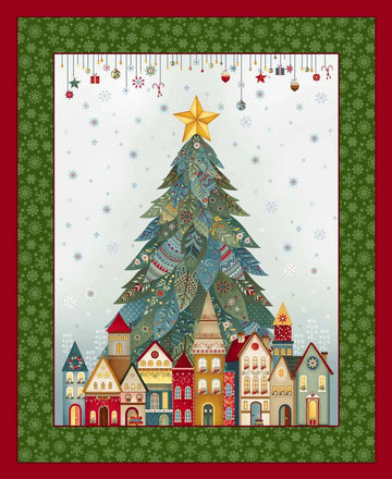Nordic Holiday Village Ice Blue Multi Tree Panel 36" - quilt fabric panel for quilting projects