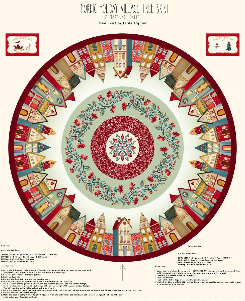 Nordic Holiday Village Sage Multi Tree Skirt Panel 54" panel - quilt fabric panel for quilting projects
