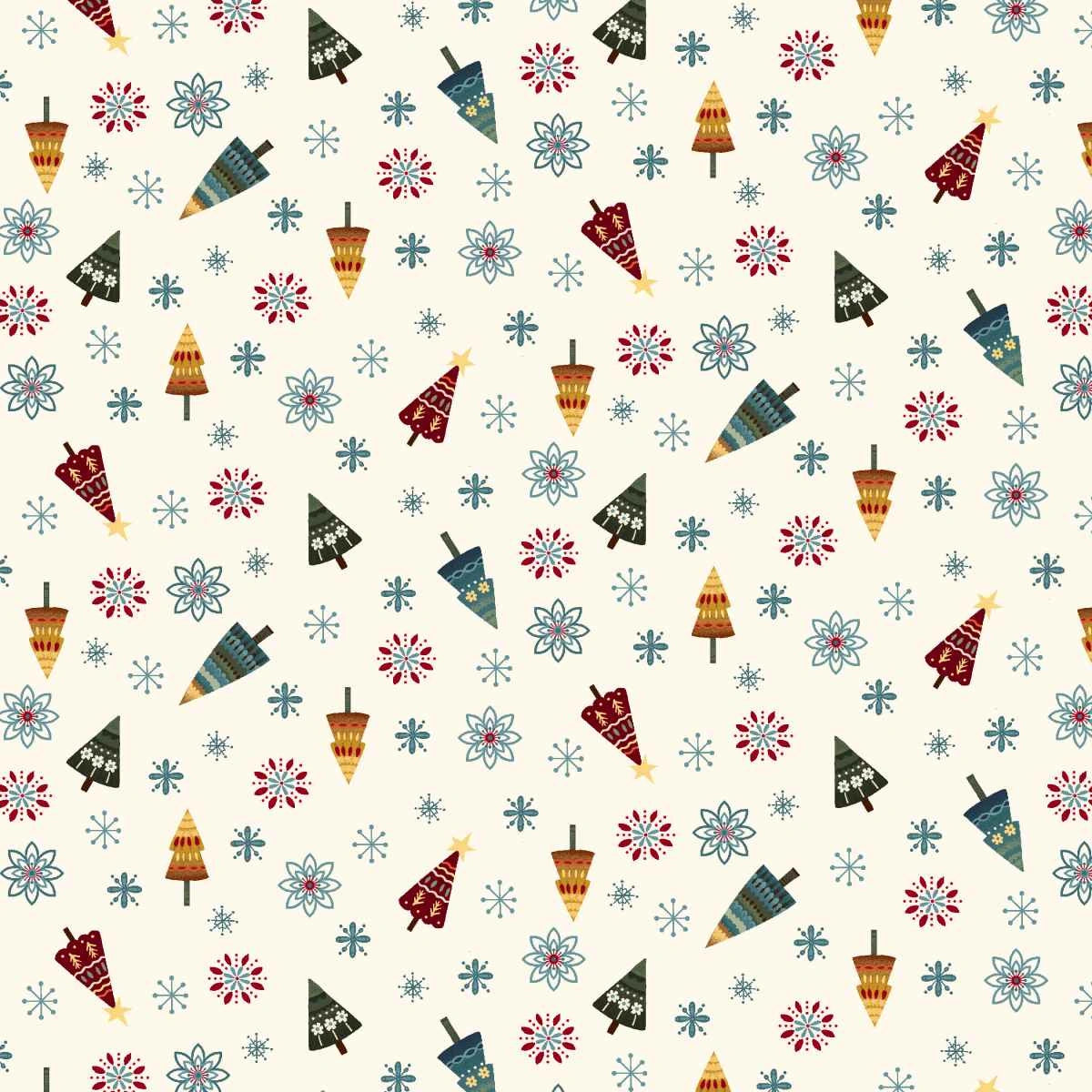 Nordic Holiday Village Cream Multi Tossed Trees Fabric Yardage - quilt fabric for sewing and quilting projects