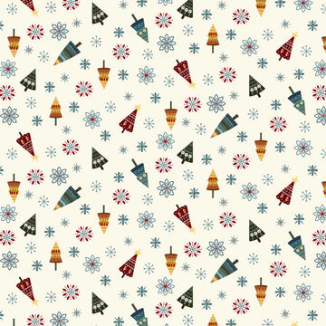 Nordic Holiday Village Cream Multi Tossed Trees Fabric Yardage - quilt fabric for sewing and quilting projects