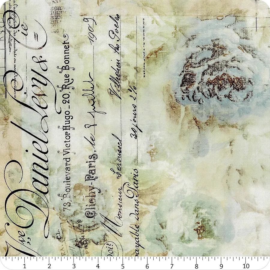 Eclectic Elements Aqua Receipt 108" Quilt Backing Fabric by Jaftex - FreeSpirit features elegant French script, faded handwriting, and watercolor roses in pale green and beige. A ruler at the bottom shows scale in inches on this wide width cotton.
