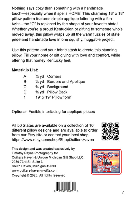 The Kentucky HOME Pillow Pattern by Checker Distributor includes beginner sewing and applique instructions, a table of fabric requirements, supply details, and features Quilters Haven's logo, address, socials, and barcode at the bottom.