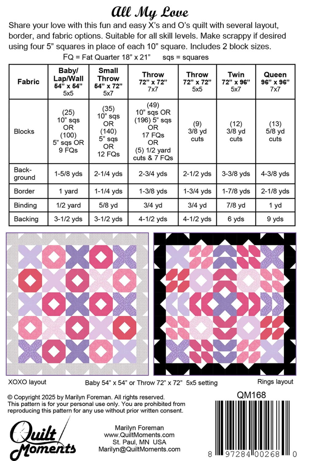 The All My Love Quilt Pattern instruction sheet includes fabric requirements, finished sizes, block counts, and images of two pink, purple, and white quilt layouts—ideal as a wedding quilt, with clear cutting instructions and yardage charts.
