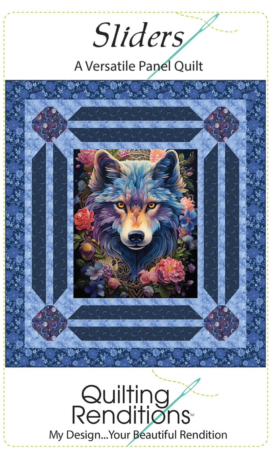 The Sliders Quilt Pattern by Checker Distributor features a vibrant central wolf panel surrounded by flowers and blue geometric borders, with the text: Sliders: An Intermediate Panel Quilt and Quilting Renditions.