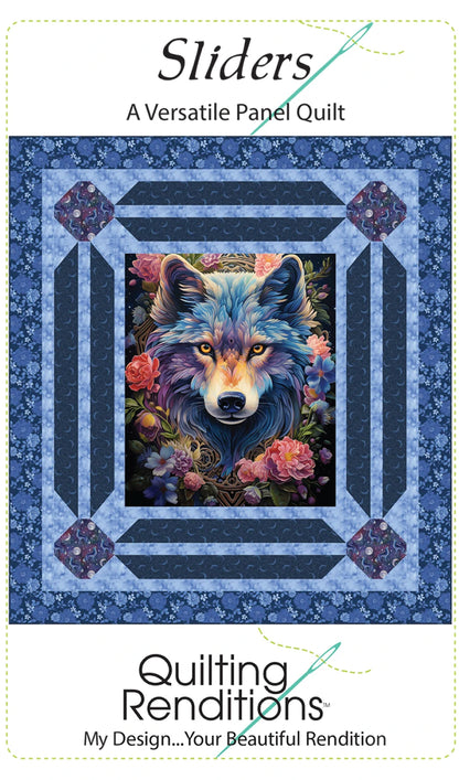 The Sliders Quilt Pattern by Checker Distributor features a vibrant central wolf panel surrounded by flowers and blue geometric borders, with the text: Sliders: An Intermediate Panel Quilt and Quilting Renditions.