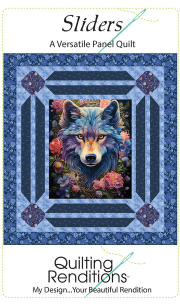 The Sliders Quilt Pattern by Checker Distributor features a vibrant central wolf panel surrounded by flowers and blue geometric borders, with the text: Sliders: An Intermediate Panel Quilt and Quilting Renditions.