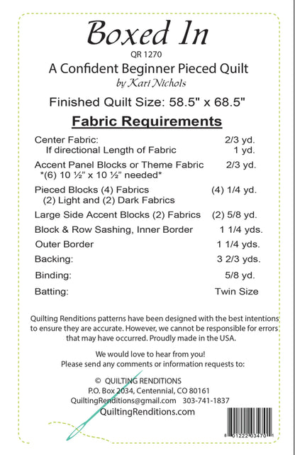 The Boxed In Quilt Pattern info sheet lists fabric needs, quilt size, designer, and Quilting Renditions contact info. It has a green border, tips for fabric selection, and is ideal for beginners.