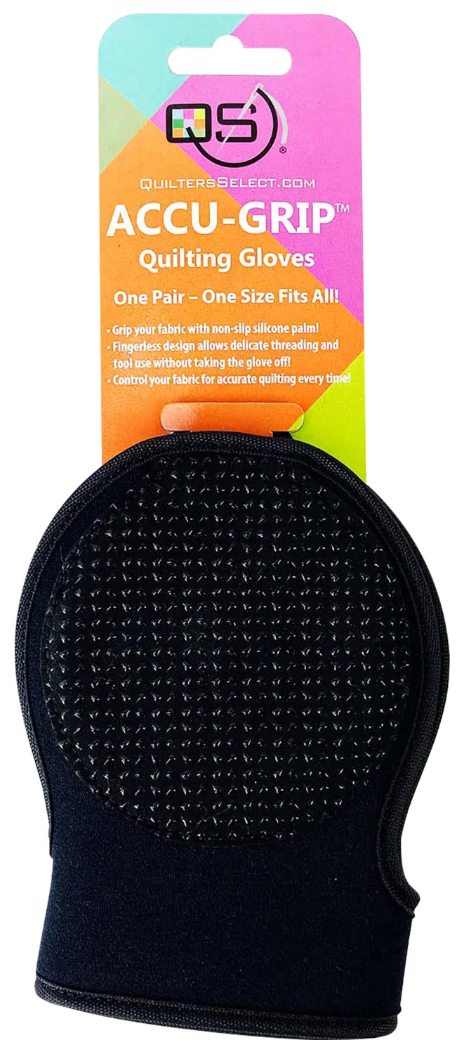 A black AccuGrip Quilting Glove by Checker Distributor features a fingerless design and non-slip silicone palm, shown in colorful packaging with product info at the top. Ideal for free-motion quilting projects.