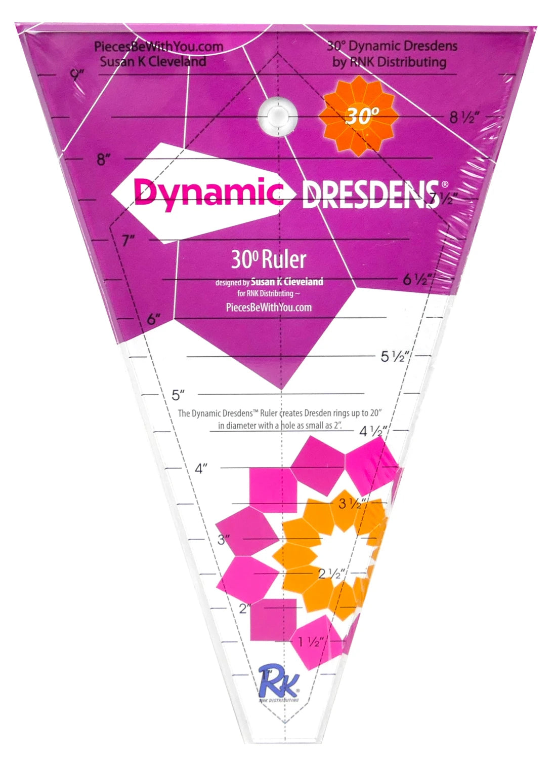 The Quilters Select Dresden Ruler 30 Degree by Checker Distributor features a purple and white design with clear measurements and a flower quilt pattern—perfect as a versatile tool for your quilting projects.