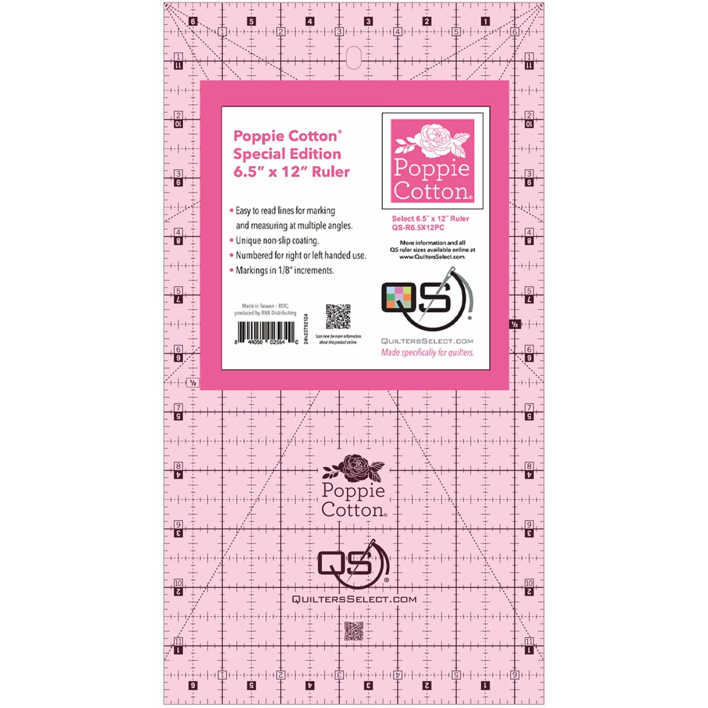 The Checker Distributor Quilter's Select Pink Poppie Cotton Non-Slip Ruler 6-1/2in x 12in features grid lines and black-and-white markings for easy measuring. This special edition quilting ruler resists slipping for precise cuts.