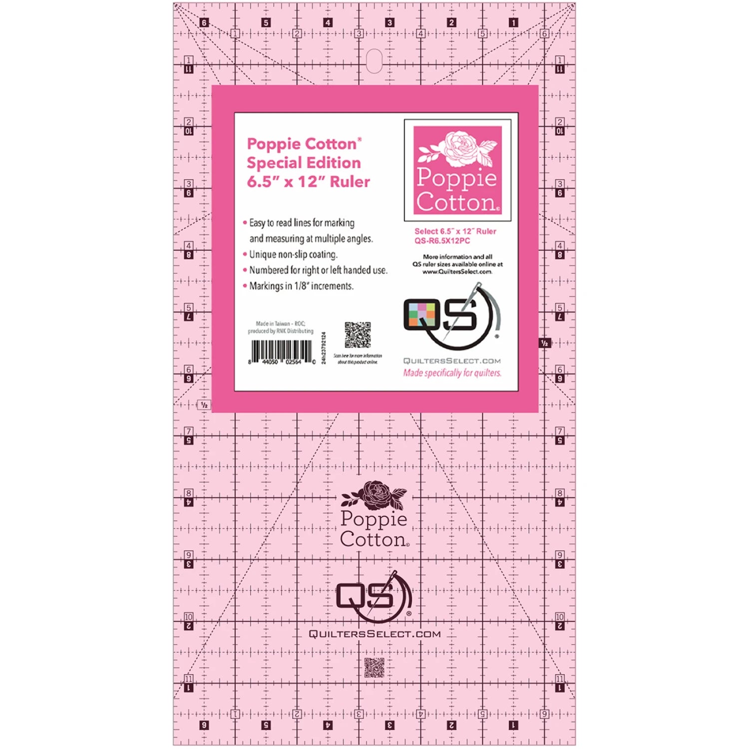 The Checker Distributor Quilter's Select Pink Poppie Cotton Non-Slip Ruler 6-1/2in x 12in features grid lines and black-and-white markings for easy measuring. This special edition quilting ruler resists slipping for precise cuts.