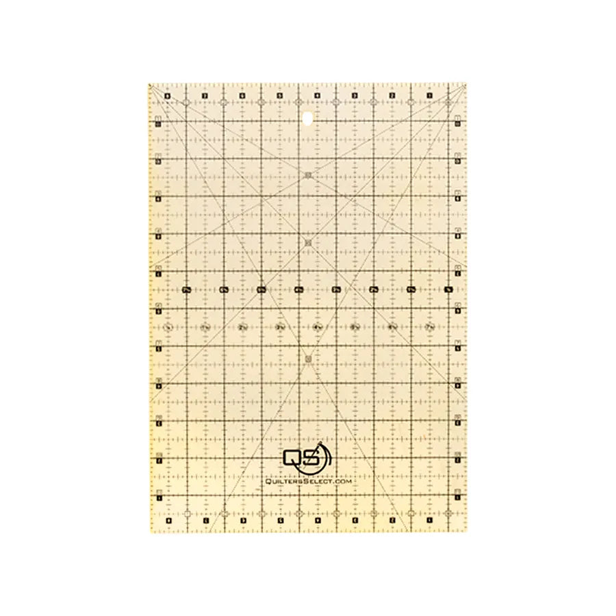 The Checker Distributor Quilters Select Non-Slip Ruler 8-1/2in x 12in features black gridlines, angle markings, small measurement numbers on its transparent surface, a bottom center logo, and lays flat on a white background.