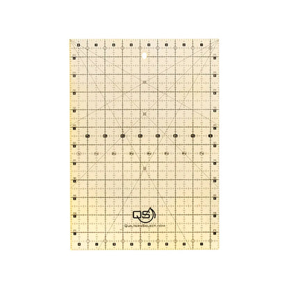 The Checker Distributor Quilters Select Non-Slip Ruler 8-1/2in x 12in features black gridlines, angle markings, small measurement numbers on its transparent surface, a bottom center logo, and lays flat on a white background.