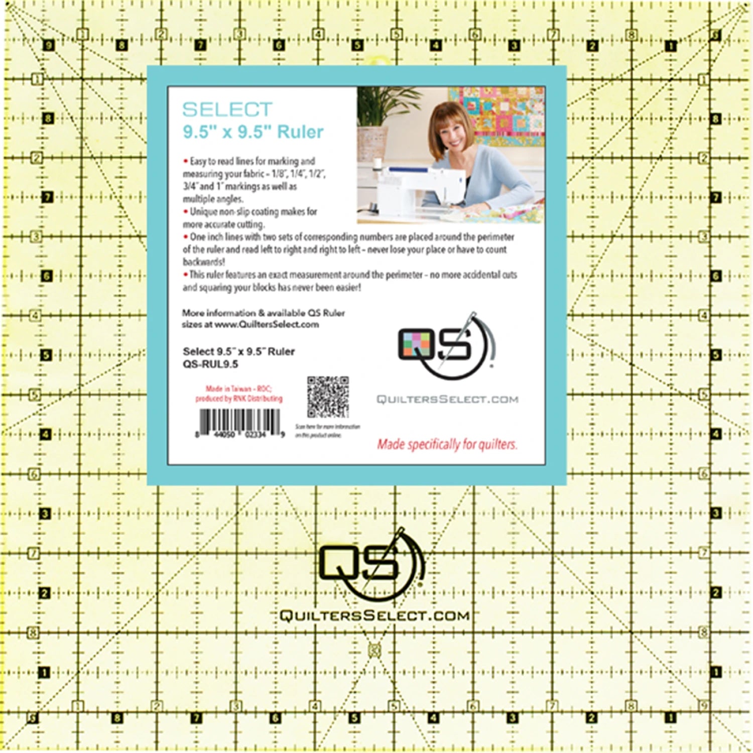 The Quilters Select Non-Slip Ruler 9-1/2in x 9-1/2in by Checker Distributor features black grid lines, an easy-to-read label with a QR code and website, plus a non-slip coating—ideal as a premium quilting ruler.