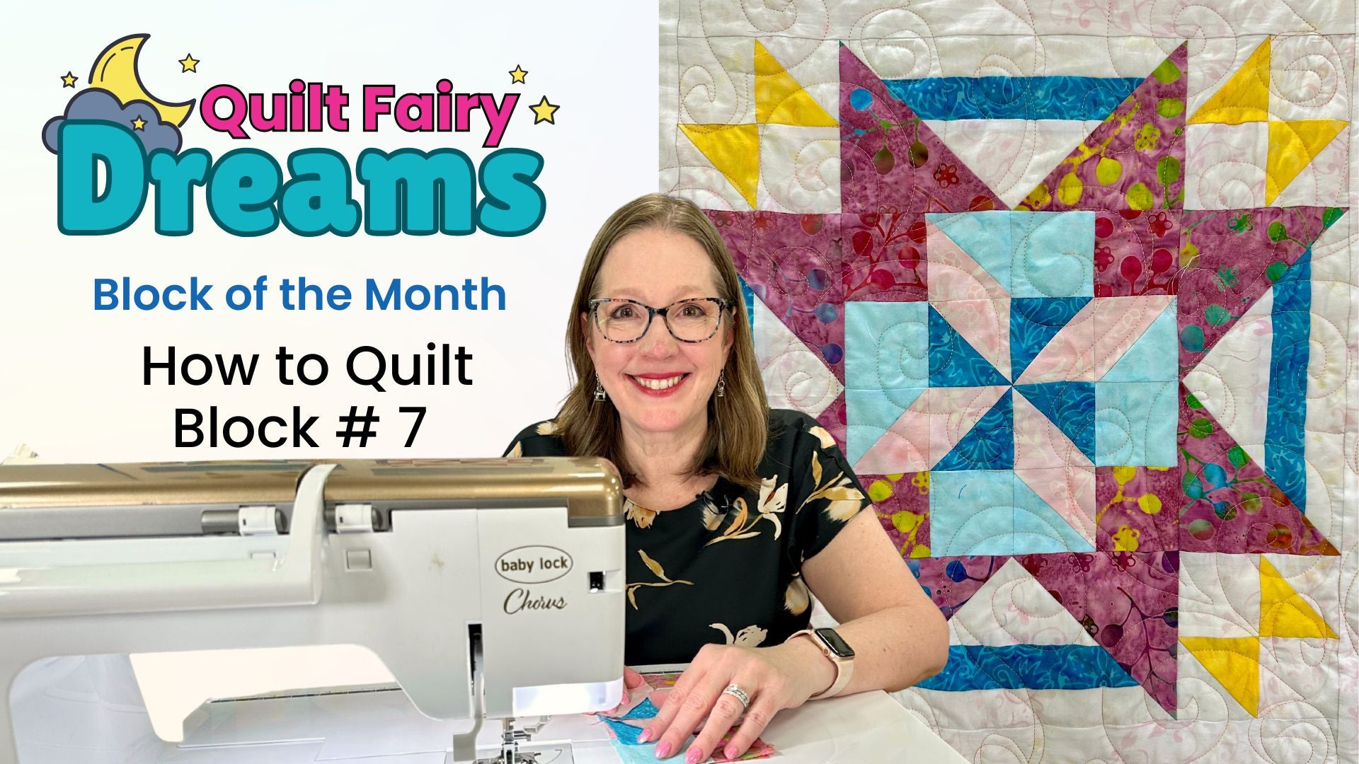 Load video: Angela Huffman demonstrates Quilt Fairy Dreams Block 7—pinwheel star quilt on a Baby Lock Chorus.