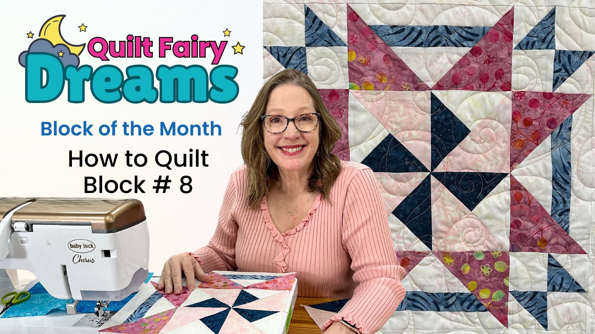 Load video: Angela Huffman demonstrates Quilt Fairy Dreams Block 7—pinwheel star quilt on a Baby Lock Chorus.