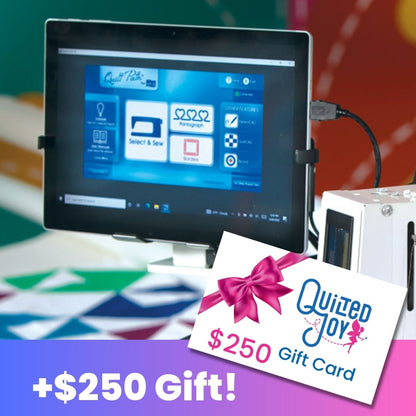 Quilt Path computerized quilting system and $250 Quilted Joy gift card on a colorful background