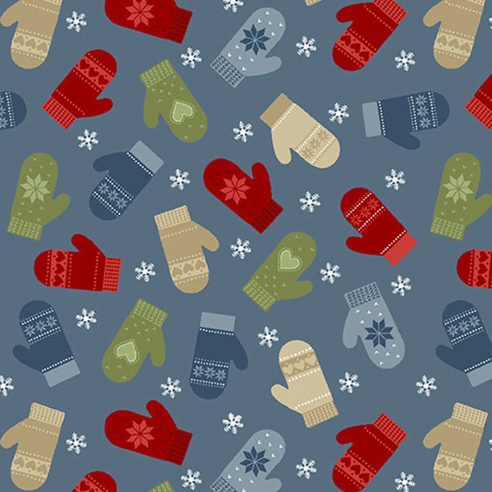 A seamless pattern of red, green, beige, and blue mittens with snowflake and heart designs, scattered among white snowflakes on Merry Mittens Medium Blue Flannel Fabric Yardage.