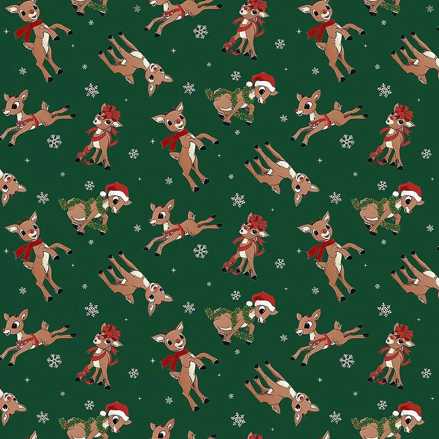 Rudolph the Red-Nosed Reindeer Dark Green Rudolph Toss Fabric Yardage - quilt fabric for sewing and quilting projects