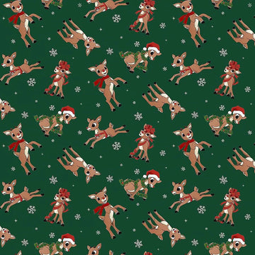 Rudolph the Red-Nosed Reindeer Dark Green Rudolph Toss Fabric Yardage - quilt fabric for sewing and quilting projects