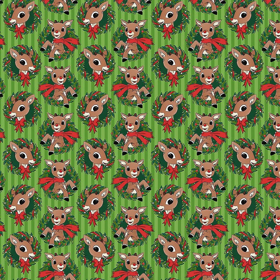 Rudolph the Red-Nosed Reindeer Green Rudolph Wreath Fabric Yardage - quilt fabric for sewing and quilting projects