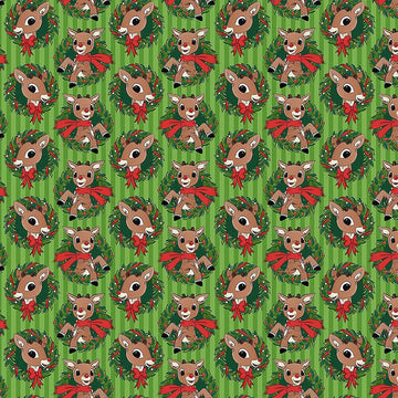 Rudolph the Red-Nosed Reindeer Green Rudolph Wreath Fabric Yardage - quilt fabric for sewing and quilting projects