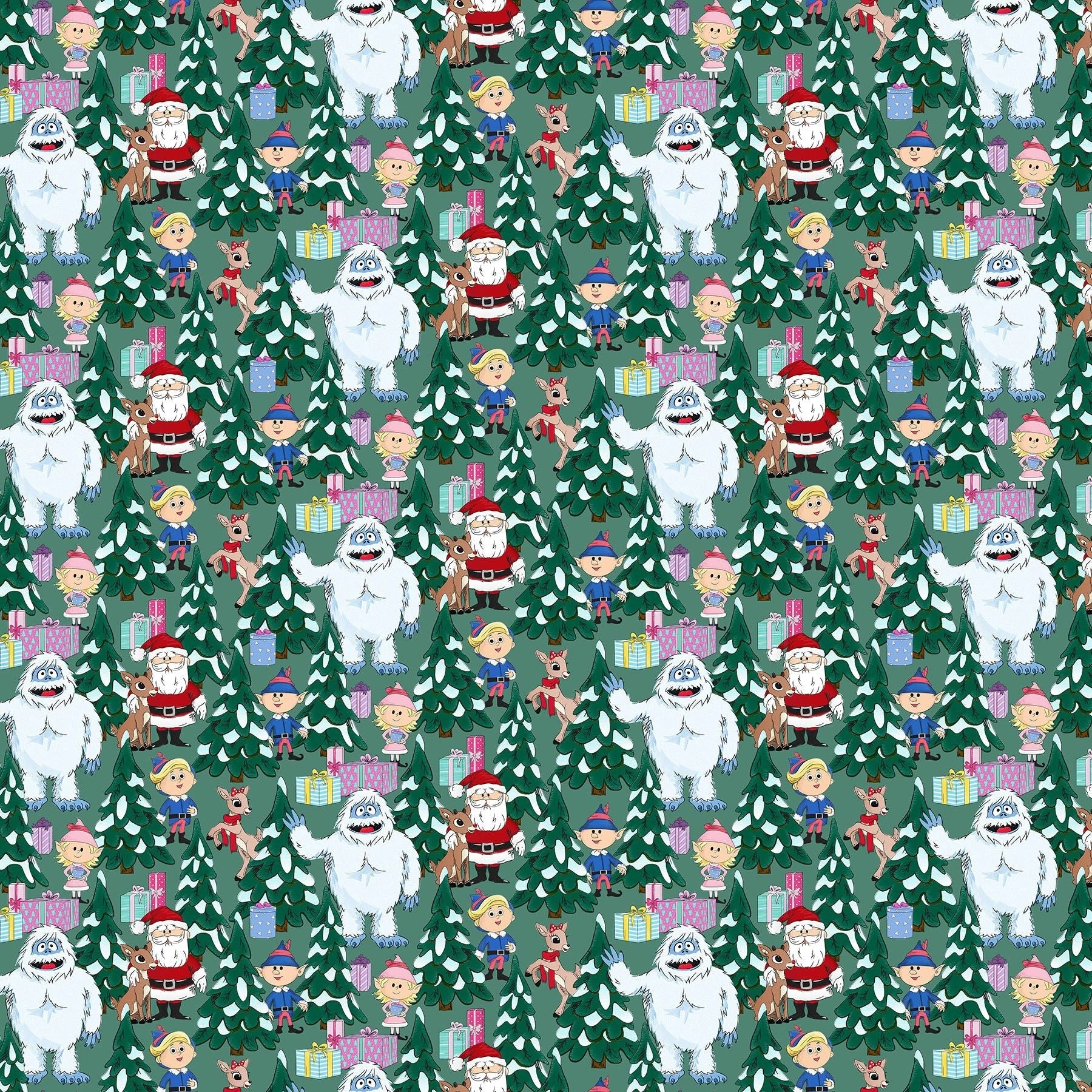 Rudolph the Red-Nosed Reindeer Light Spruce Scene Fabric Yardage - quilt fabric for sewing and quilting projects