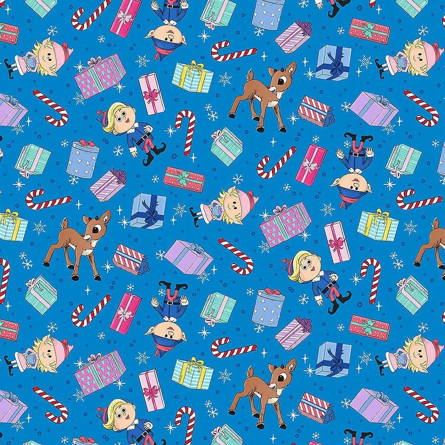 Rudolph the Red-Nosed Reindeer Blue Presents Fabric Yardage - quilt fabric for sewing and quilting projects
