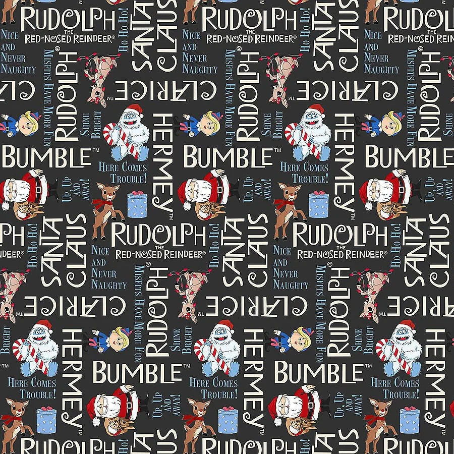 Rudolph the Red-Nosed Reindeer Charcoal Phrases Fabric Yardage - quilt fabric for sewing and quilting projects