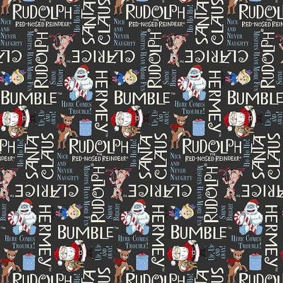 Rudolph the Red-Nosed Reindeer Charcoal Phrases Fabric Yardage