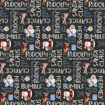Rudolph the Red-Nosed Reindeer Charcoal Phrases Fabric Yardage - quilt fabric for sewing and quilting projects