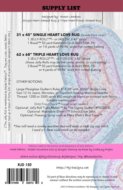 Supply list for two heart-shaped rugs, including fabric amounts and suggested tools. Features the Jelly-Roll Love Rug Pattern—a fun, colorful design inspired by the jelly roll rug. Info in white and magenta boxes with a hearts backdrop.