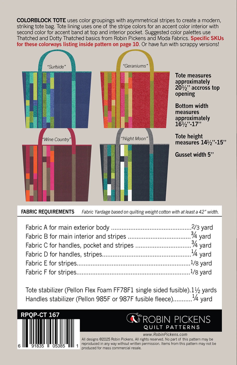 Instruction sheet for the Colorblock Tote Quilt Pattern displays images of three modern striped tote bags, lists fabric requirements, dimensions, and stabilizer needs. Robin Pickens Quilts branding appears at the bottom.