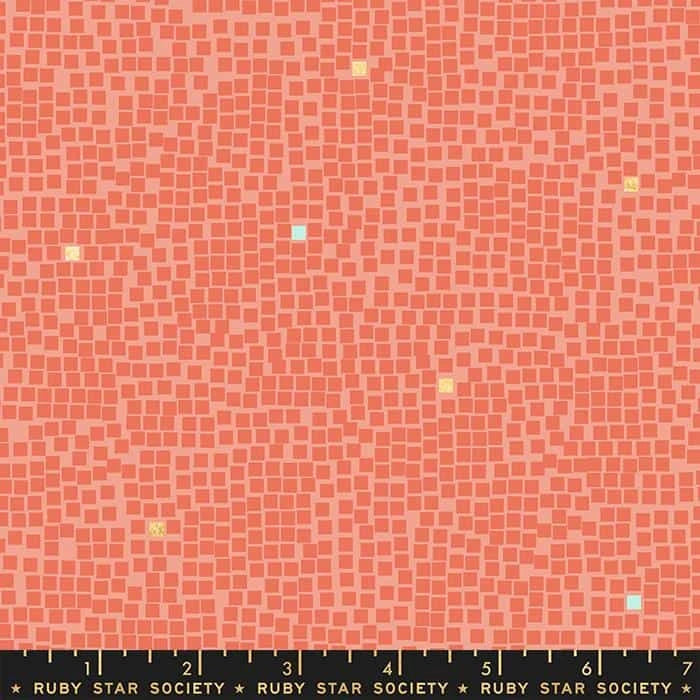 The Little Things 3 Yard Quilt Top Bundle by Quilted Joy features a mosaic of coral pink squares with yellow and light blue accents on 100% cotton. A black ruler marked with numbers and "RUBY STAR SOCIETY" lines the bottom edge.