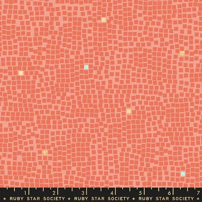 The Little Things 3 Yard Quilt Top Bundle by Quilted Joy features a mosaic of coral pink squares with yellow and light blue accents on 100% cotton. A black ruler marked with numbers and "RUBY STAR SOCIETY" lines the bottom edge.