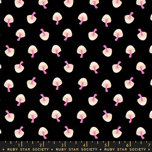 Tiny Frights Mushrooms Black Fabric Yardage