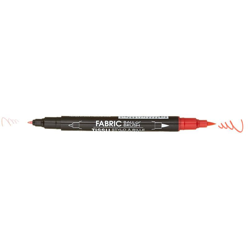The United Notions Marvy Fabric Ball & Brush Marker features a black body, red caps at both ends, and dual tips that draw precise red lines—ideal for detailing with permanent fabric marker quality.