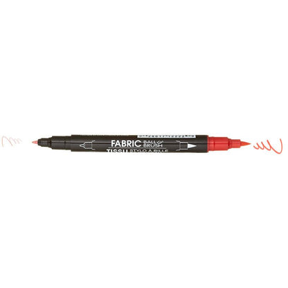 The United Notions Marvy Fabric Ball & Brush Marker features a black body, red caps at both ends, and dual tips that draw precise red lines—ideal for detailing with permanent fabric marker quality.