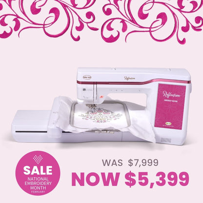A Baby Lock Reflection Sewing & Embroidery machine creates a floral design on fabric with pink embroidery. Text: “SALE National Embroidery Month February. Was $7,999 Now $5,399.” Includes FREE 60 days of online classes.