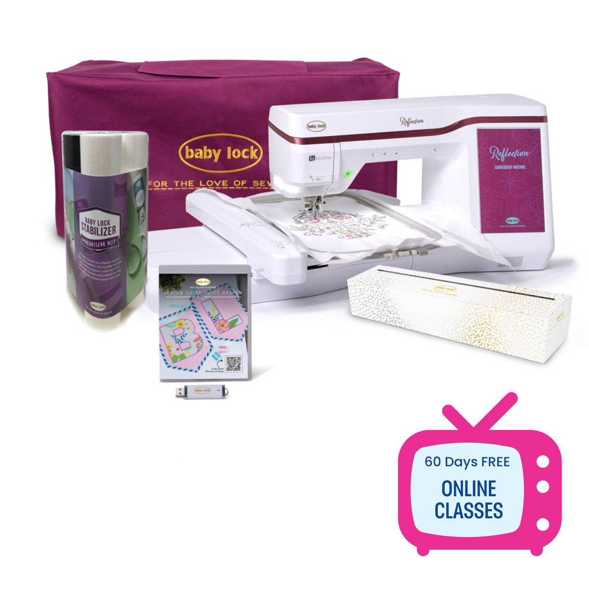 The Baby Lock Reflection Sewing & Embroidery Machine comes with a maroon carrying case, stabilizer roll, pattern card, white accessory box, Quilted Joy Gift Card, and 60 days of free online classes—a complete embroidery bundle.