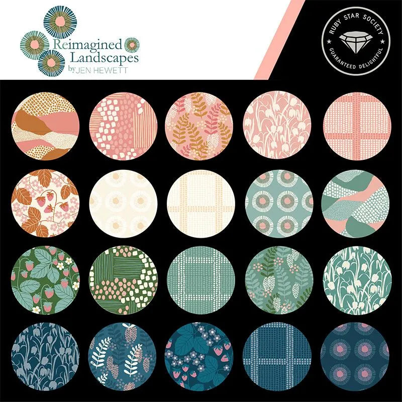 The Reimagined Landscapes Mini Charm Pack by United Notions features twenty circular swatches with earth tones, greens, pinks, and blues in floral, leaf, grid, and abstract patterns.