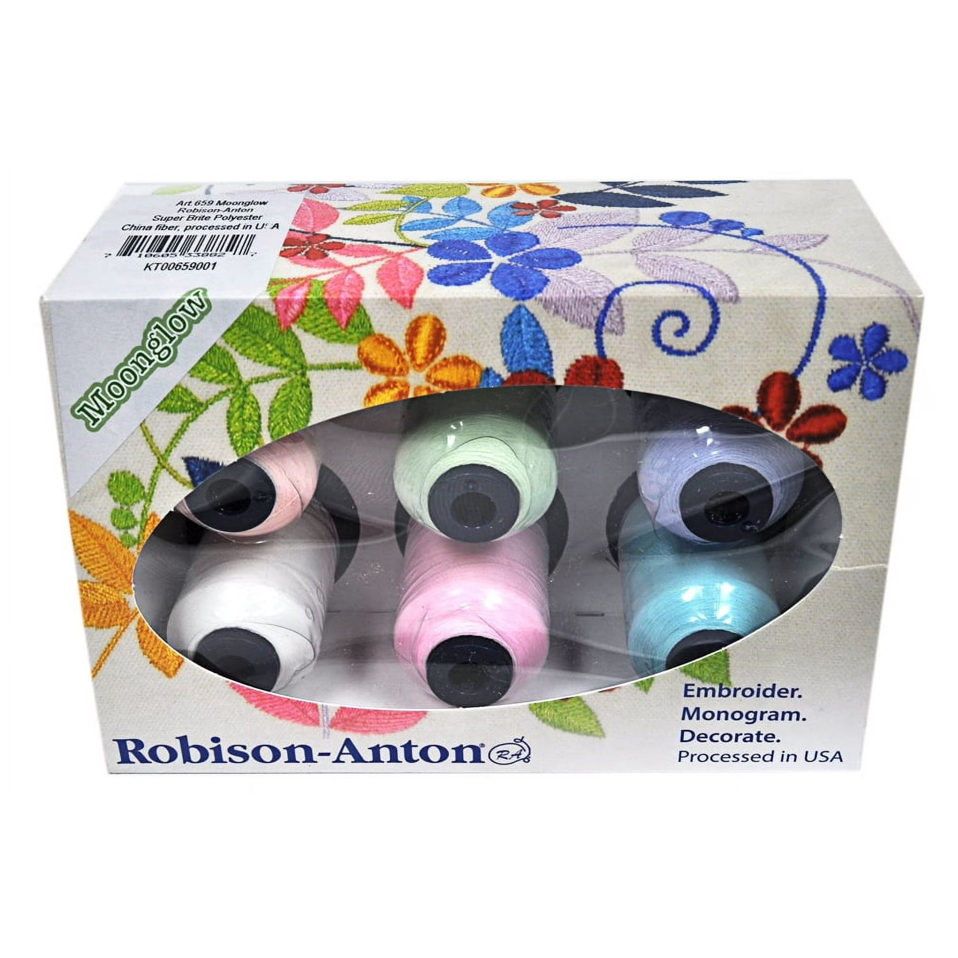 The Baby Lock Robison-Anton Polyester Embroidery Thread 6 Spool Gift Pack - Moonglow features pastel colors and floral designs. This embroidery thread set is processed in the USA and makes a perfect gift.
