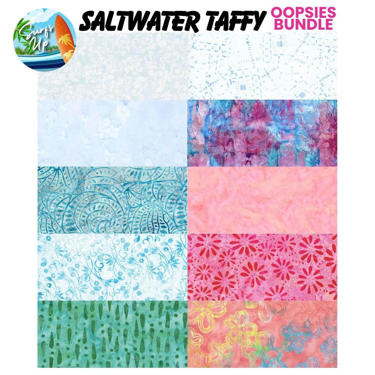 A set of ten vibrant patterned fat quarters in blue, pink, and green from Quilted Joy's Mystery Five-0 Mega Mystery Saltwater Taffy Oopsies! FQ Fabric Bundle, featuring florals, swirls, and abstract designs.