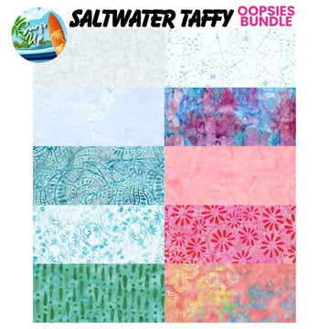A set of ten vibrant patterned fat quarters in blue, pink, and green from Quilted Joy's Mystery Five-0 Mega Mystery Saltwater Taffy Oopsies! FQ Fabric Bundle, featuring florals, swirls, and abstract designs.