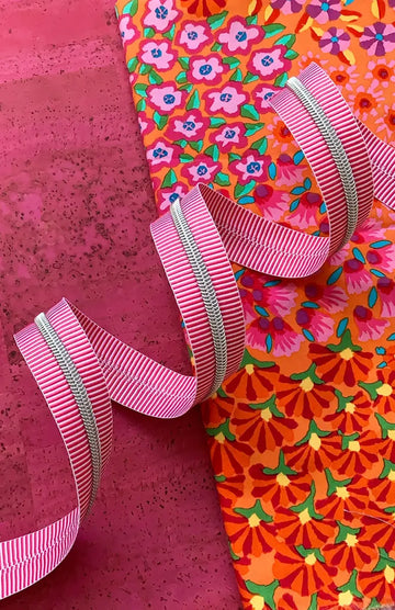 Pink Stripe Zipper Tape with Nickel Teeth 3 Yards