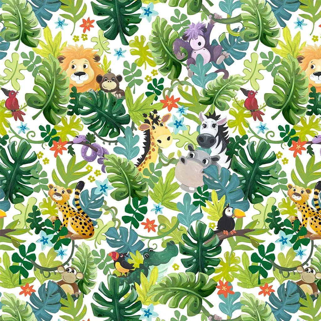 Jungle Friends white packed animals fabric yardage