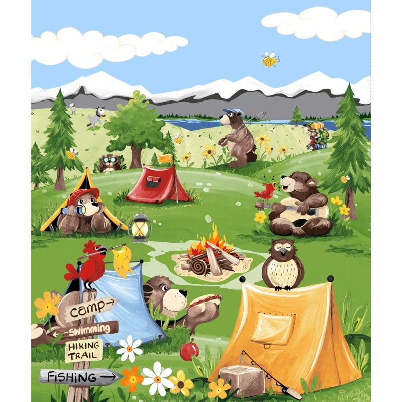 Barron Goes Camping Grass Green Quilt Panel - quilt fabric panel for quilting projects