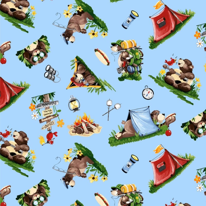 Barron Goes Camping Light Blue Tossed Bears Fabric Yardage - quilt fabric for sewing and quilting projects