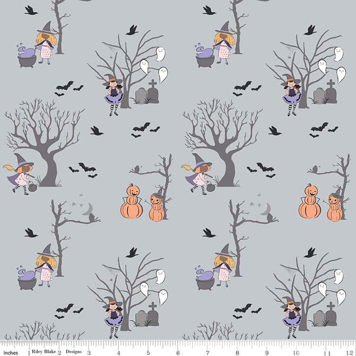 Spooky Schoolhouse Main Silver Sparkle Fabric Yardage