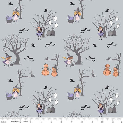 Spooky Schoolhouse Main Silver Sparkle Fabric Yardage